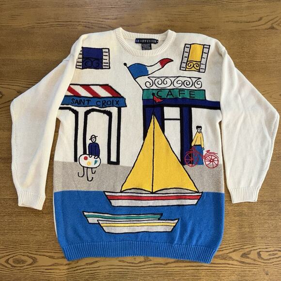IB Diffusion Sweaters - Vintage 1989 I.B. Diffusion Saint Croix Harbor Nautical Knit Sweater M Novelty